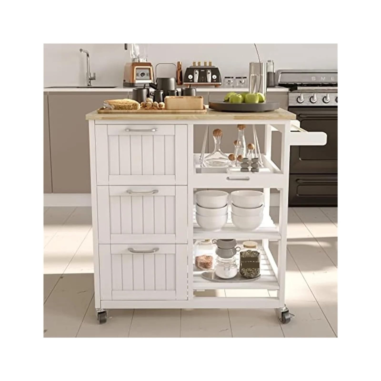 FZL02068LM Serving Trolleys Kitchen Island Cart,Utility Storage Trolley,Moveable with Drawer,for Room,Dining,Bathroom Organization