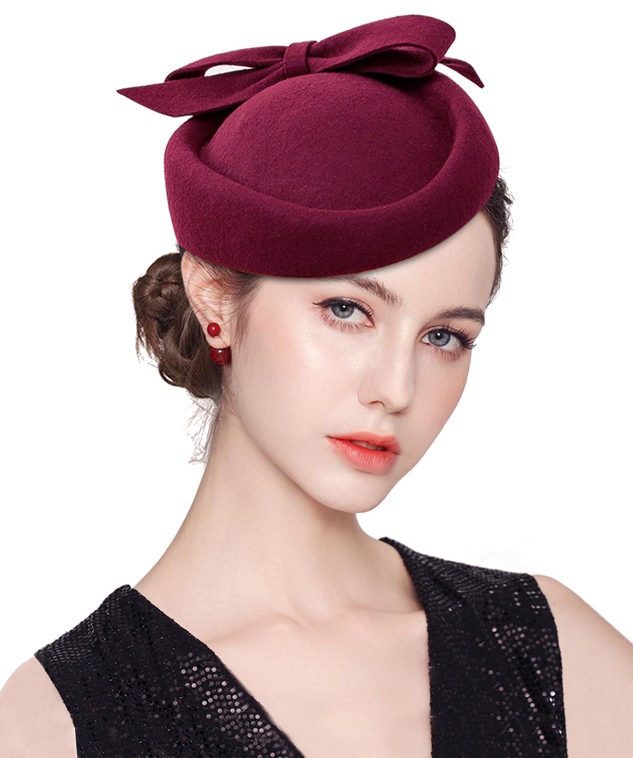 Ellydoor Women's 2023 Burgundy Wool Fascinator Pillbox Hat Winter British Wool Felt Hat For Wedding Church Hat Flower Fedoras, One Size