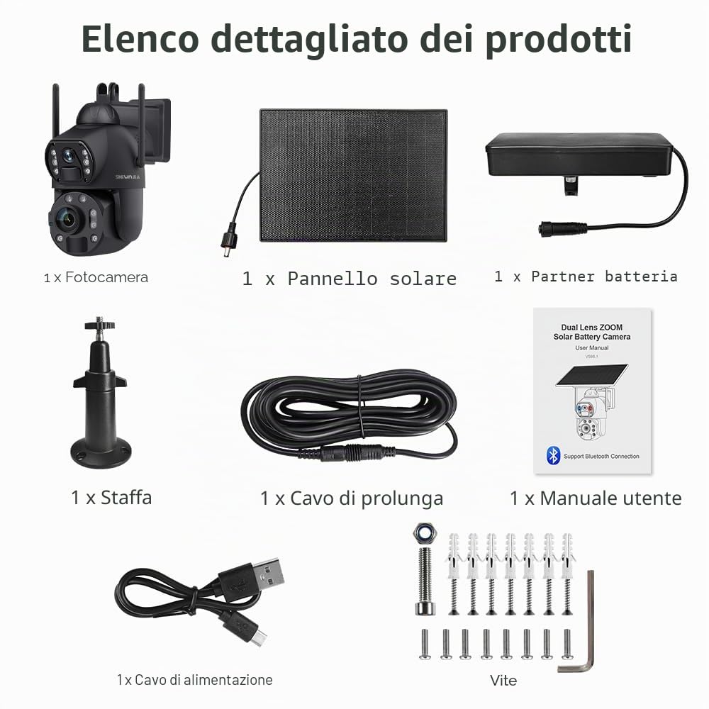 SHIWOJIA Telecamera di Sorveglianza con Scheda SIM e Pannello Solare, Fotocamera 6MP con Zoom Ottico 36X, Rilevamento Umano Dual PIR/Metallo, Visione Notturna a Colori/Doppio Obiettivo/IP67