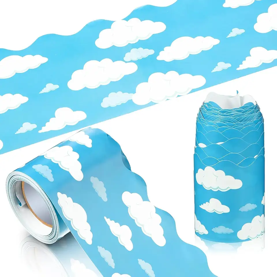 Joyzzz Bulletin Board Border, 10m x 7.6cm Self-Adhesive Blue Sky Clouds Scalloped Trim, Easy to Cut and Peel, Non-Toxic Adhesive, Versatile Classroom Home Office Decor, Removable and Safe for Kids