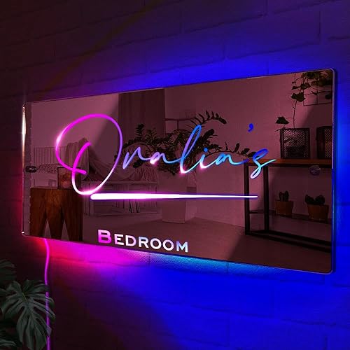 Miniatura 2 de VEELU Espejo personalizado con nombre personalizado, espejo con luz LED, espejo de decoración de pared para dormitorio, sala de estar, luz de
