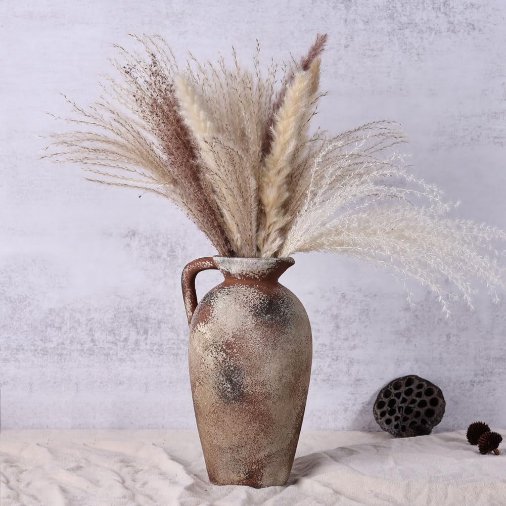 Jarrón de cerámica antigua de 9.3 pulgadas con asa, jarrón de terracota, jarrones de granja, decoración del hogar, estante de libros, sala de estar, entrada, boda, mesa central, diseño de jarrón de