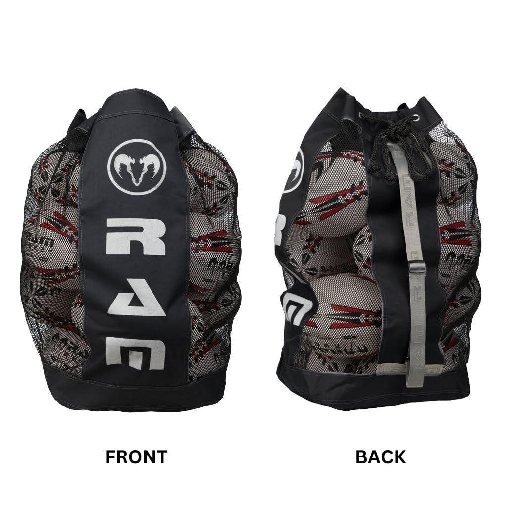Ram Rugby - Bolsa transpirable para pelotas de rugby, capacidad para 16 pelotas de tamaño 5, almacenamiento de malla de nailon duradera con correa ajustable y agujero de drenaje, bolsa grande para