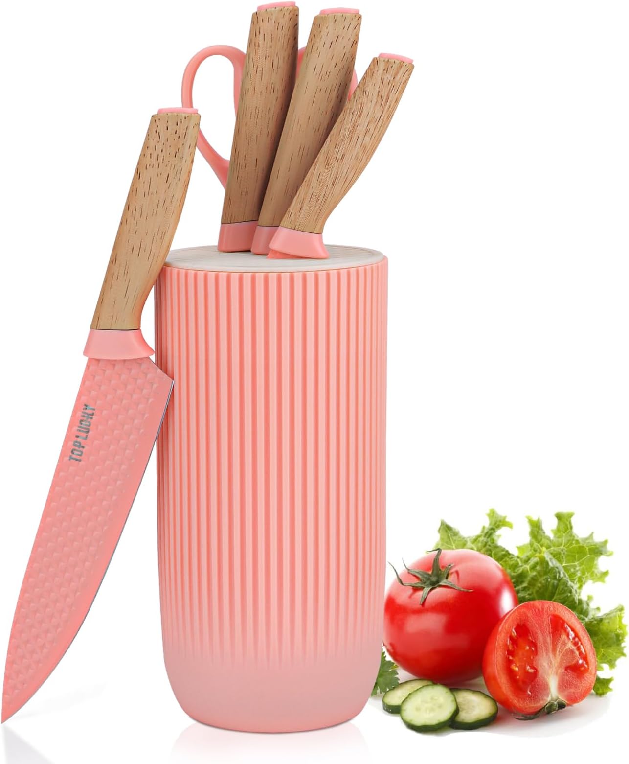 Pink Knife Set, 6 Pieces Professional Kitchen Knife Set with Universal Knife Block, Super Sharp Knife Set with Ergonomic Handle Non-stick Stainless Steel Knife Block Set (Pink)