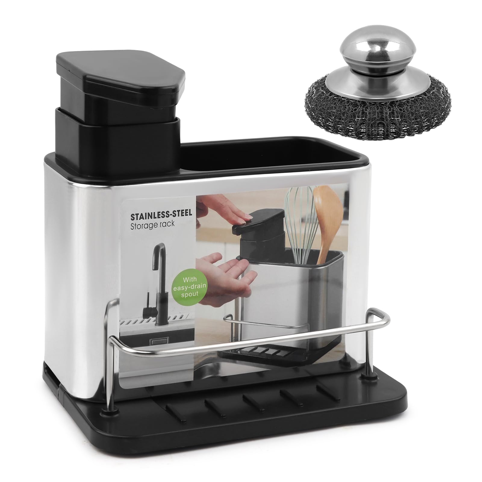 Photo 1 of [Soap Dispenser is missing] Dish Soap Dispenser for Kitchen Sink with 1 Steel Wool Scrubber, 3-in-1 Kitchen Soap Dispenser with Sponge Holder, Stainless Steel Dish Brush Scrubber and Sponge Holder(Color:Silver)