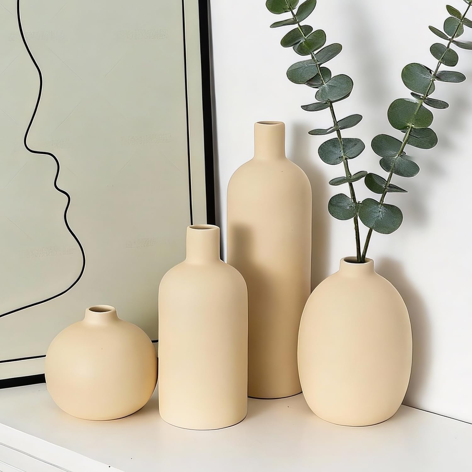Beige Ceramic Vase Set of 4, Modern Neutral Colors Home Decor, Rustic Farmhouse Decorative Flowers Vases for Bouquet, Pampas | Table Mantel Centerpiece Bookshelf Living Room Bedroom (Beige) - Image 6
