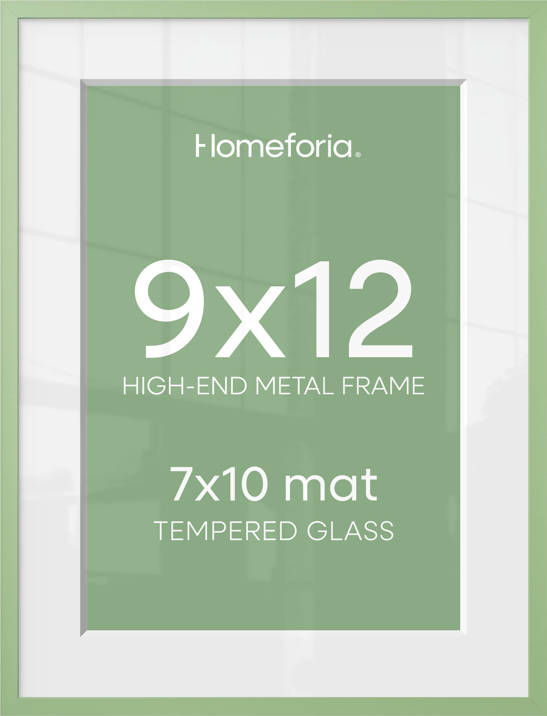 Homeforia 9x12 Green Picture Frame, High-End Metal, 7x10 Mat, Glass | High End Aluminum, Tempered Glass, Acid-Free 7x10 Removable Mat, 9x12 in Edge-to-Edge Display 12x9, Wall Kit, Set Of 1