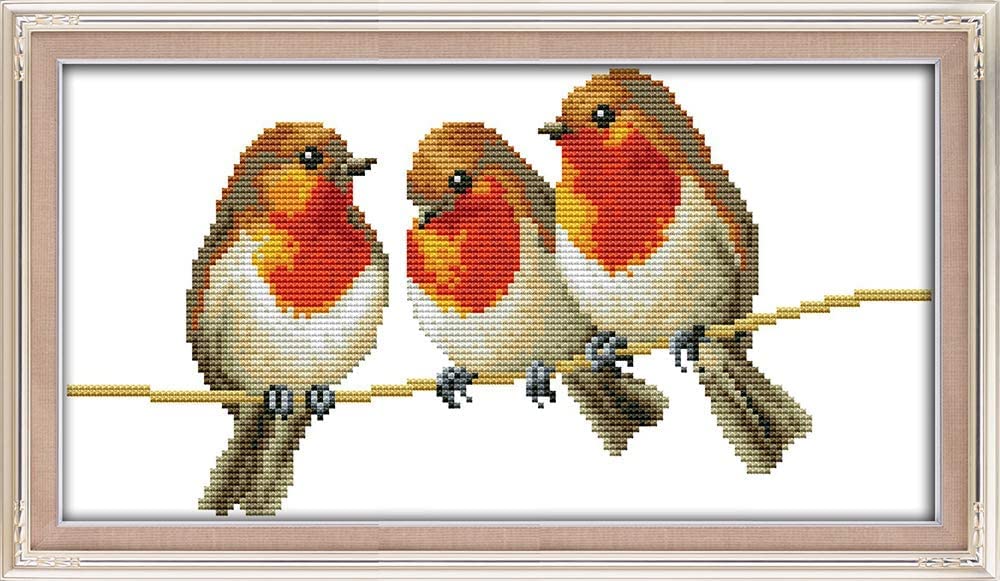 ABEUTY Cross Stitch Kits Three Little Birds Robin Redbreast for Adults Pre Printed or NOT, DIY 14 Count Embroidery Sewing Starter Kit Stamped or Unstamped DMC Needlework Easy Beginners (Stamped)