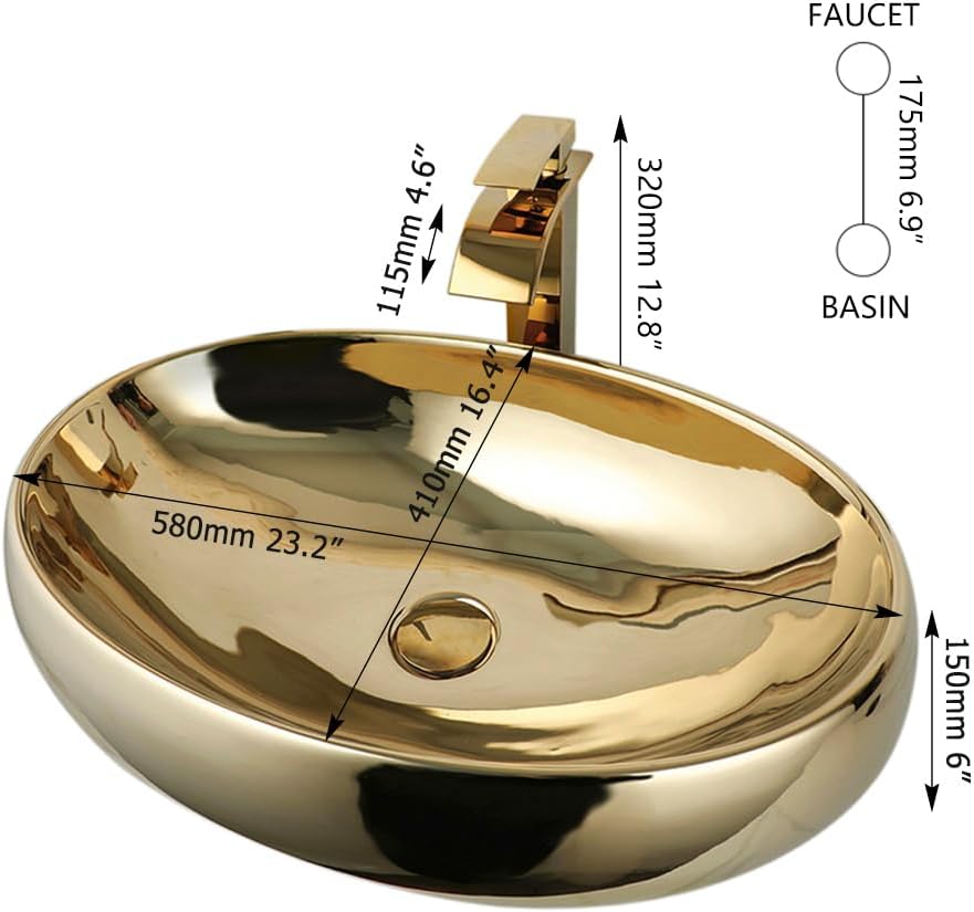 23 inch bathroom vessel sink gold ceramic sink bowl with waterfall faucet and pop-up drain combo, modern vessel sink above counter oval bathroom sink basin