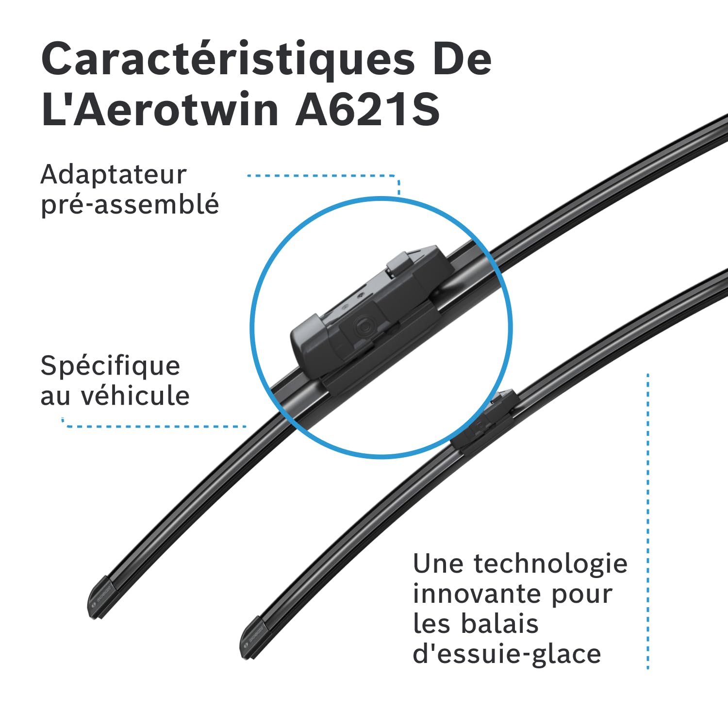 BOSCH Balai d'essuie-glace Aerotwin A621S avant 3397014621 | Compatible avec: ALFA ROMEO TONALE, AUDI E-TRON, E-TRON Sportback, Q8, JAGUAR I-PACE, PORSCHE TAYCAN, TAYCAN Cross Turismo
