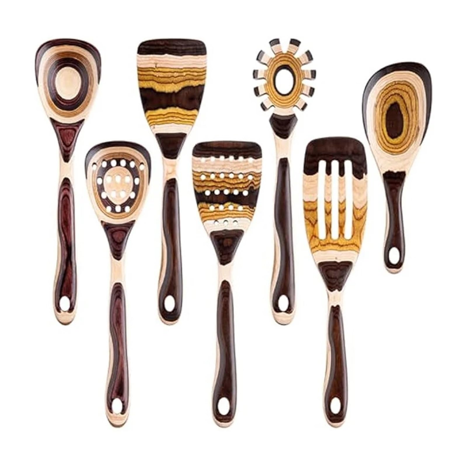 Juego de 7 utensilios Pakkawood ecológicos con cuchara de madera for cocinar.
