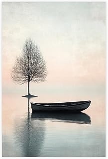 UZWGG 1pcs Unframed Artwork Solitary Tree Flat Boat Canvas Poster Print Minimalist Artistic conception Wall Decor Healing Landscape Picture Tea Room Zen Wall Art Canvas Roll 08x12inch(20x30cm)