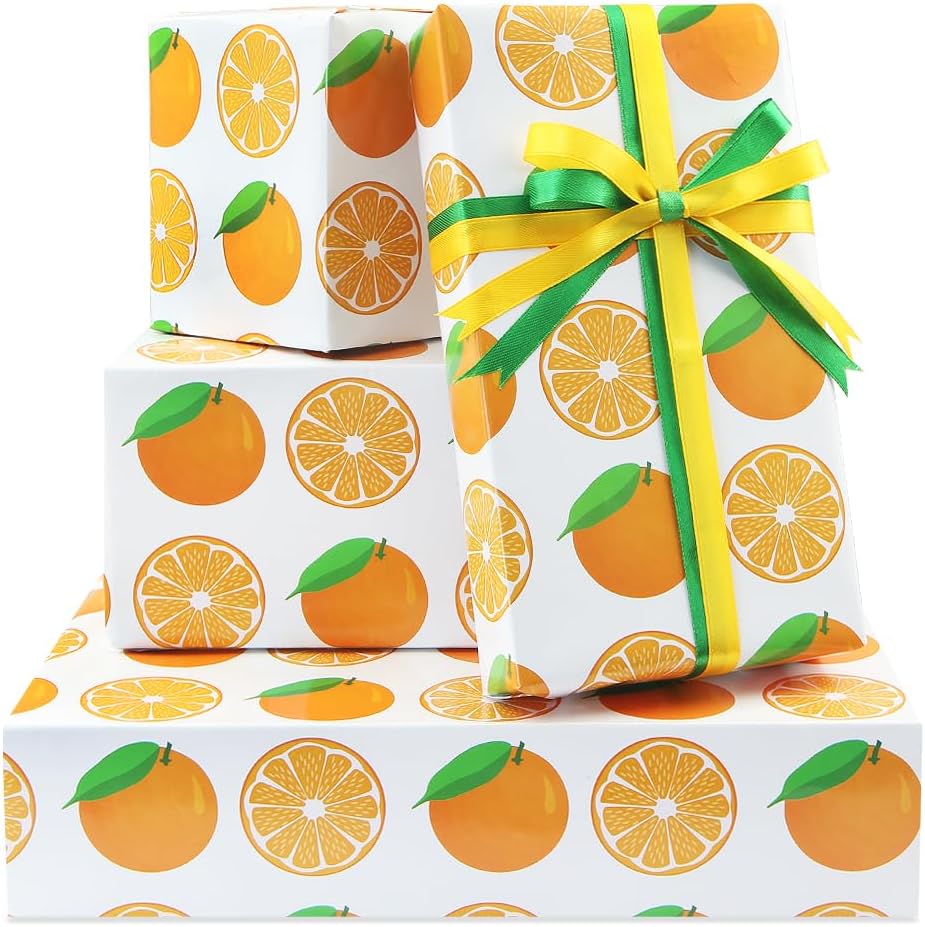 Fruit Wrapping Paper - Orange Print on White Gift Wrapping Paper and Ribbon Set, Cute Citrus Junos Design For Women Men Baby Shower Holiday Birthday Gift Wrap - (4-Sheets, 1-Designs: 15 sq. ft. ttl)