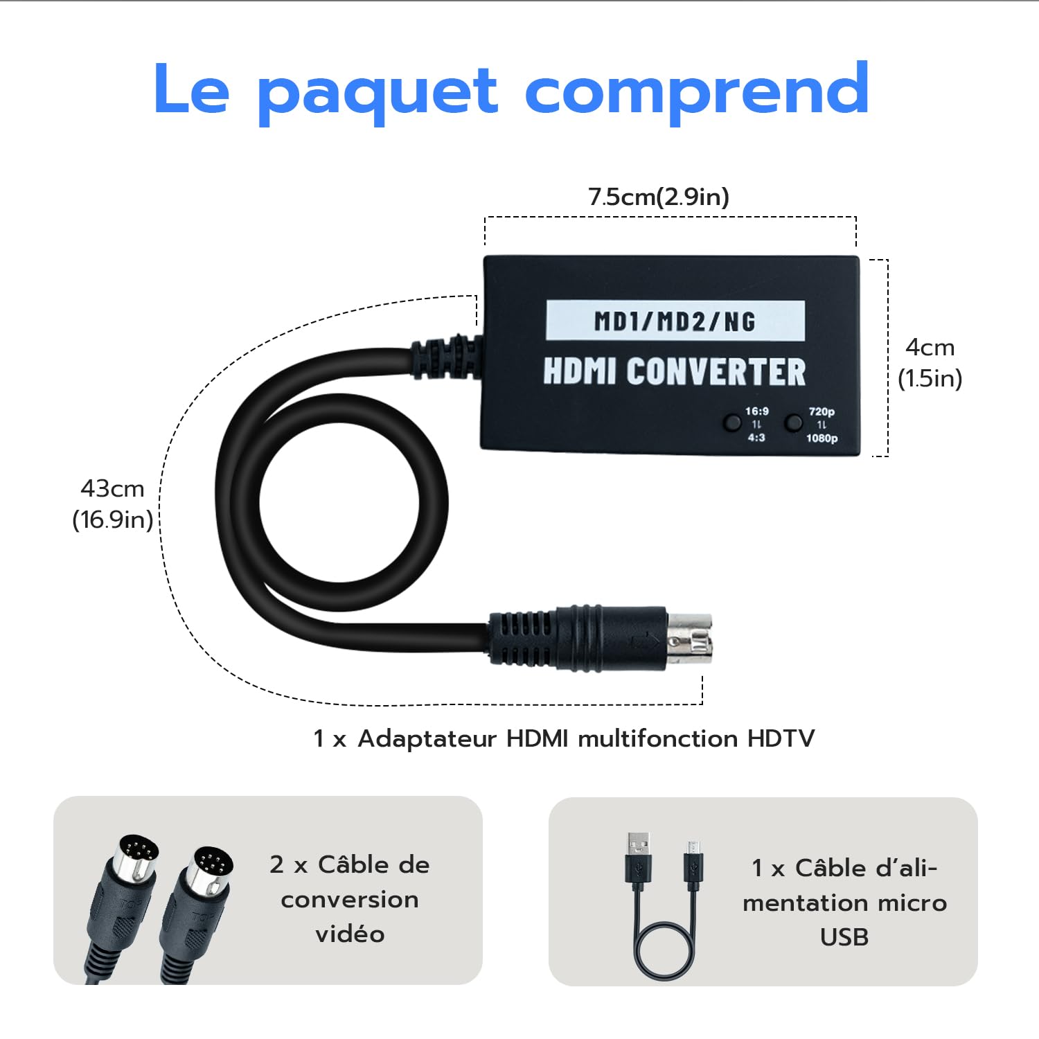Mcbazel Adaptateur HDMI sans Couture pour Mega Drive/NEOGEO pour HDTV, Convertisseur vidéo Multifonction 4:3/16:9, 720P/1080P pour Mega Drive 1/Mega Drive 2/NEOGEO
