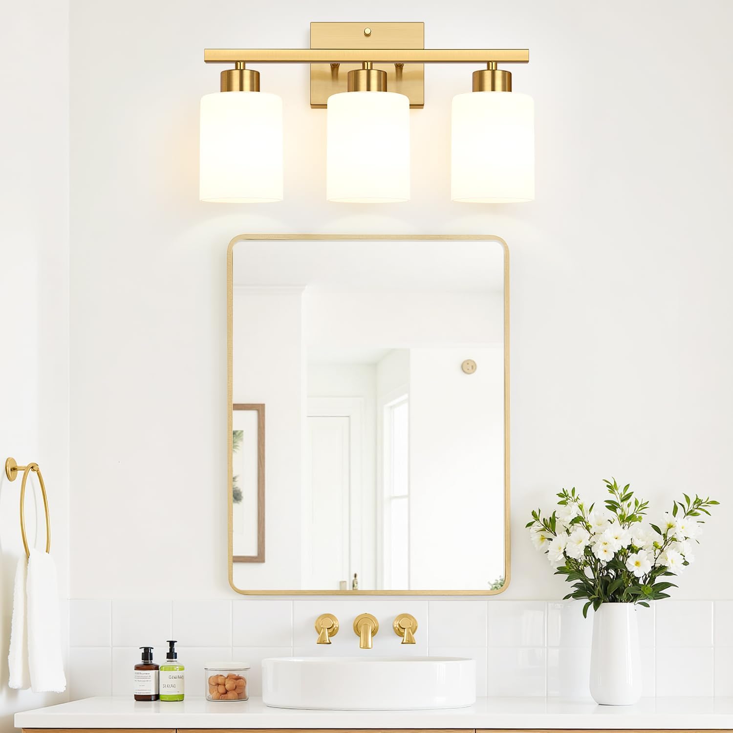 3-Light Bathroom Light Fixtures, Brushed Gold Vanity Light, Bathroom Vanity Light with Milky White Frosted Glass Shades, Bathroom Light for Mirror, Bedroom, Hallway, or Living Room