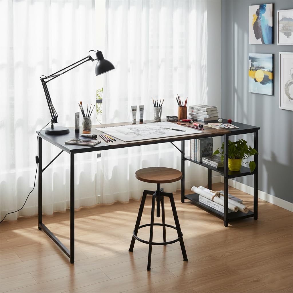 FurnitureR - Mesa de Dibujo Industrial (120 cm, Bandeja Bicolor, Retro, marrón y Negro, 2 estantes Laterales para Suministros, Ajuste de Altura, Ideal Taller, creación o Oficina en casa