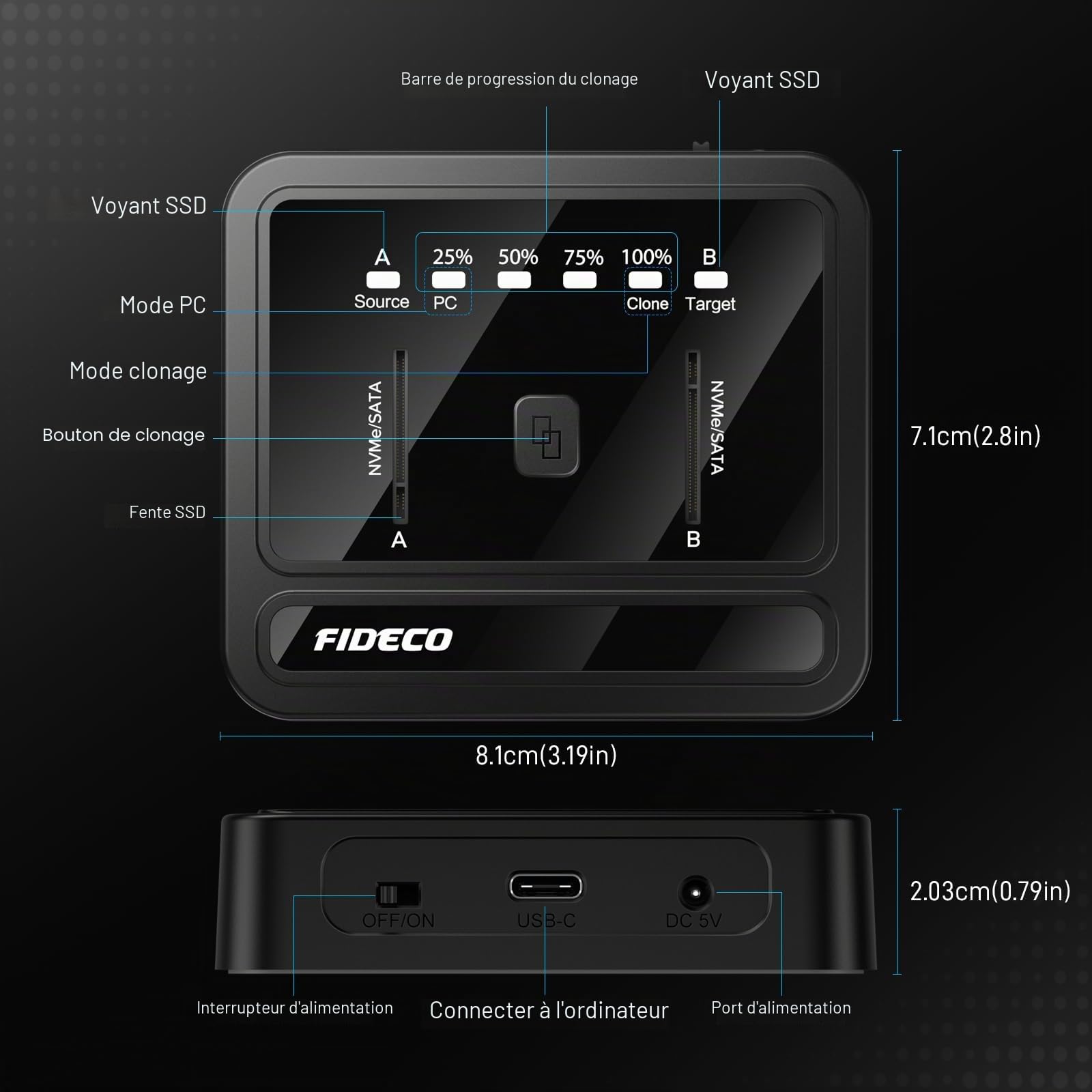 FIDECO Base de Connexion M.2 NVMe SATA SSD, USB 3.2 Gen 2, 20Gbps Station d'accueil pour Disque Dur à Double Baie, Prend en Charge Le clonage Hors Ligne, UASP et Trim