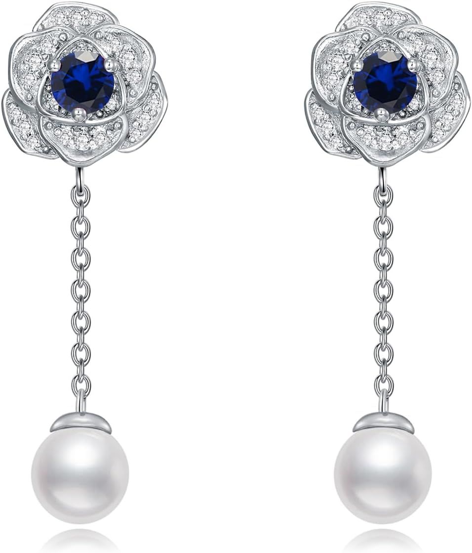 WSX Silver 6MM Freshwater Pearl with Moissanite and Created Ruby/Sapphire/Emerald Rose Dangle Earrings For Women,Best Jewelry Gifts for Christmas Birthday for Her/Mother/Wife