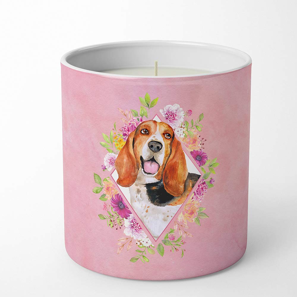 Bougie de soja Basset Hound et fleurs roses : cadeau idéal déco chien