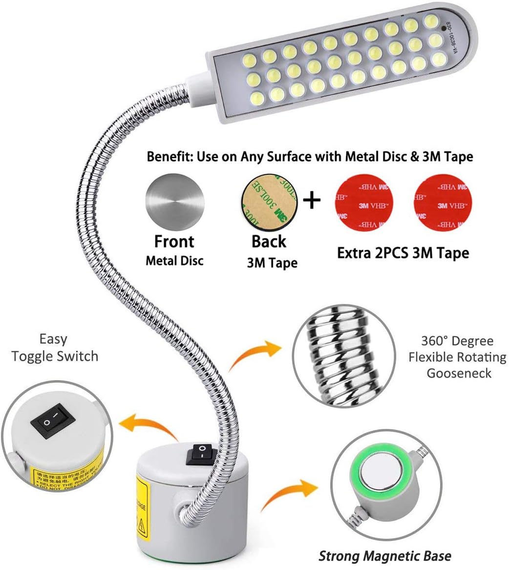 Sewing Machine Light LED Sewing Lighting (30LEDs) for Workbench Lathe Drill Press Flexible Gooseneck Arm Work Lamp with Magnetic Base 2Pcs Mounting Dics + 2 Pcs 3M Sticker