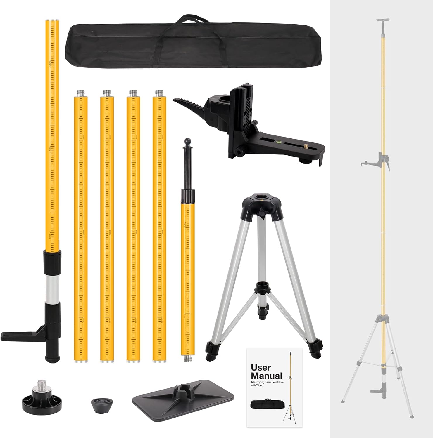 MOETER Laser Level Tripod, 12Ft/3.6M Adjustable Telescoping Laser Pole with 23.6 Inch Extension Pole & Wide Top Plate & Bubble Level, 1/4"-20 & 5/8"-11 Mount for Laser Scanner/Level