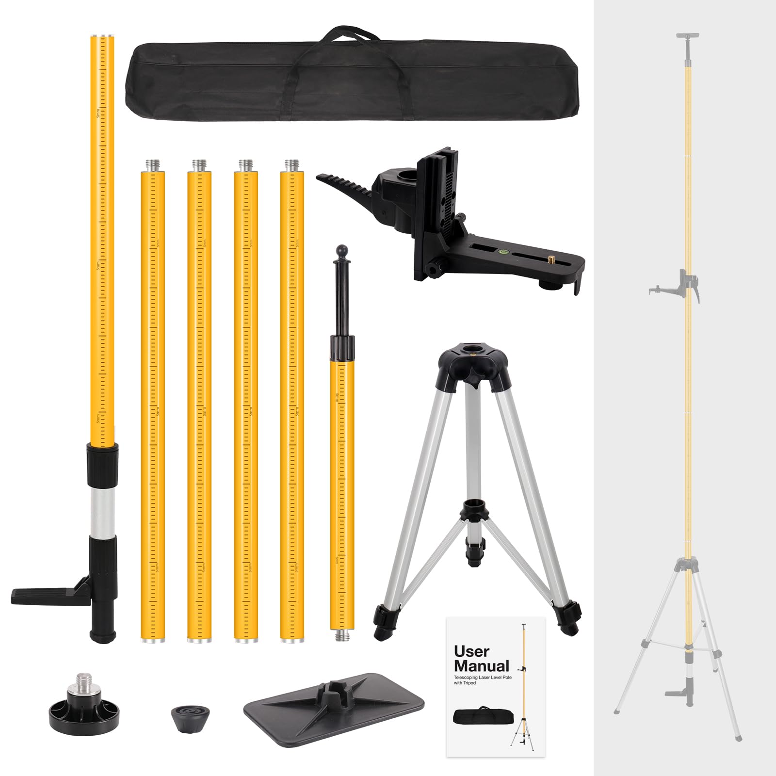 MOETER Laser Level Tripod, 12Ft/3.6M Adjustable Telescoping Laser Pole with 23.6 Inch Extension Pole & Wide Top Plate & Bubble Level, 1/4"-20 & 5/8"-11 Mount for Laser Scanner/Level