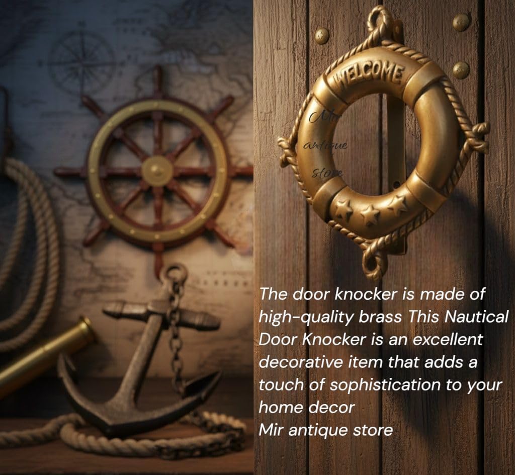 Solid Heavy Brass Door Knocker | Lifebuoy & Wheel Nautical Design with Welcome Plaque | Vintage Marine Entrance Decor