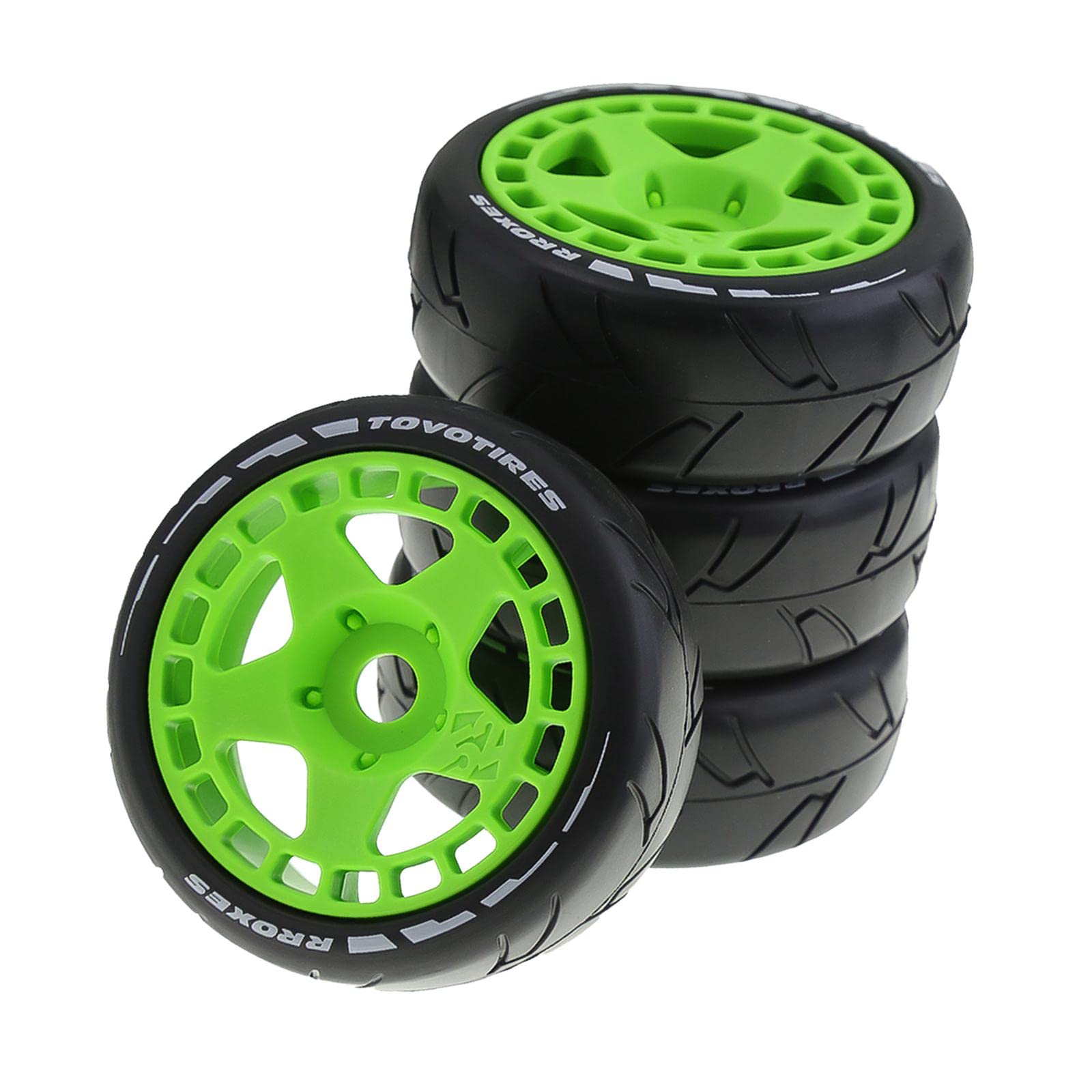 4 Stück RC Auto Reifen Gummireifen Felgen Ersatzteile für 1 7 1 8 Modellautos mit Zuverlässigem Halt für Spiel Dekoration, Leuchtendes Grün
