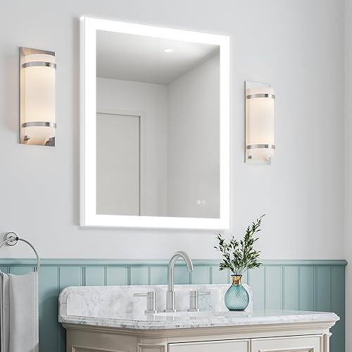 Miniatura 9 de Espejo de baño LED de 24 x 32 pulgadas, espejo retroiluminado para montar en la pared, espejo de maquillaje antivaho con luz regulable brillo LED