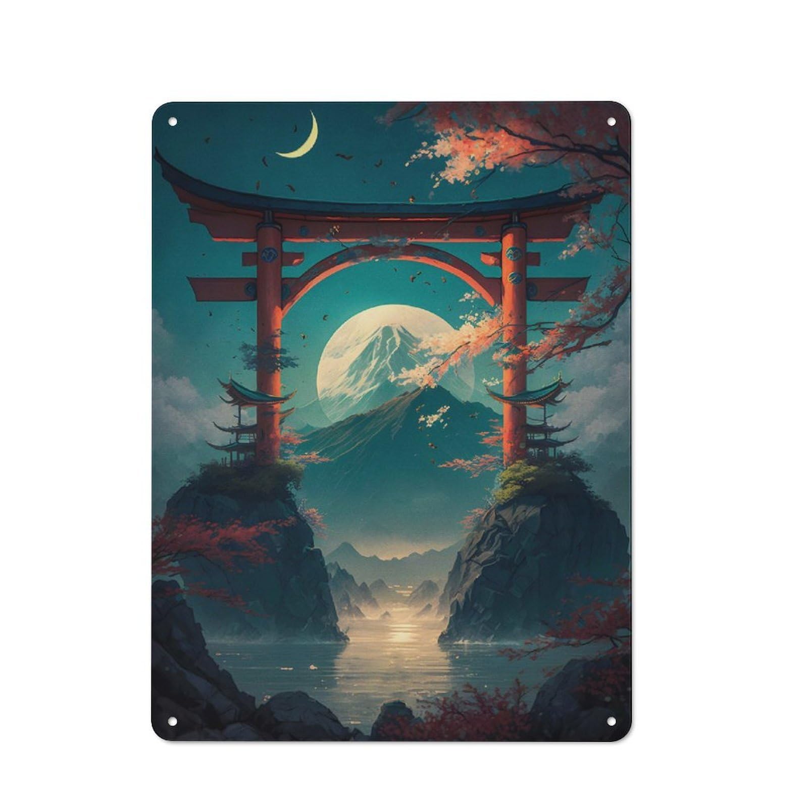Junmoney Torii Gate And Fuji Maunt Vintage Cafe Metal Sign 40X30cm Featuring Bistro Wall Plaque For Tea Room, Shop Wall Or Breakfast Area