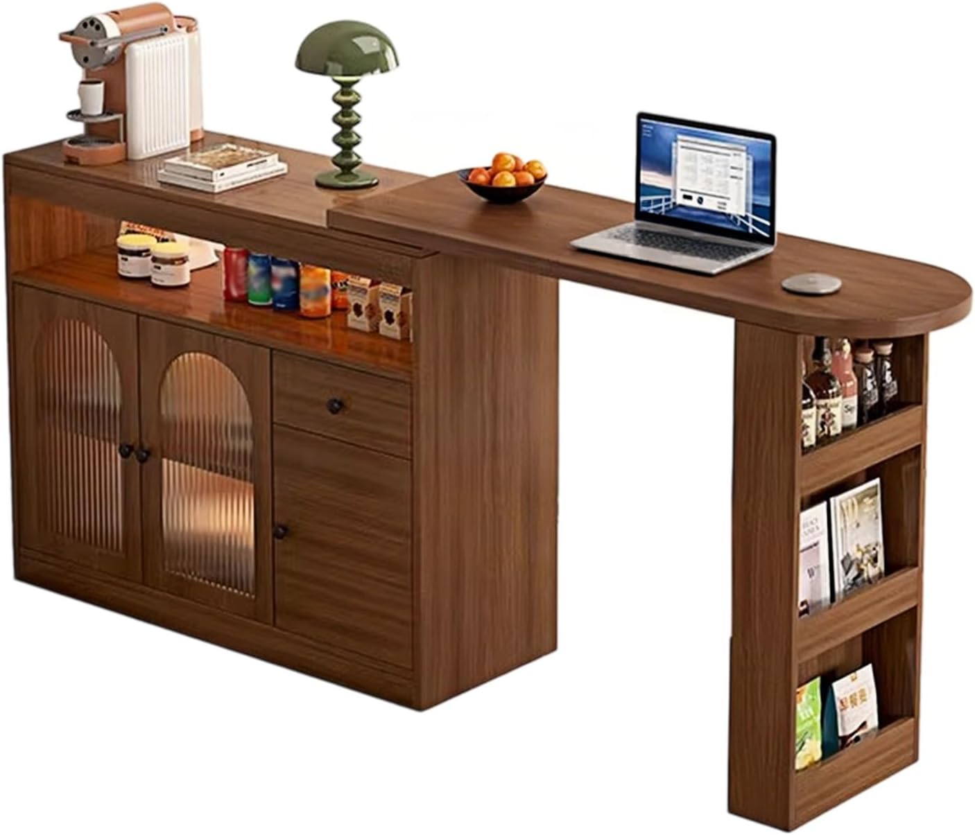 Storage Trolley 360° Swivel Extendable Bar Cabinet Multifunctional Rotating Kitchen Storage Island Desk Shelving Organizer(Natural)