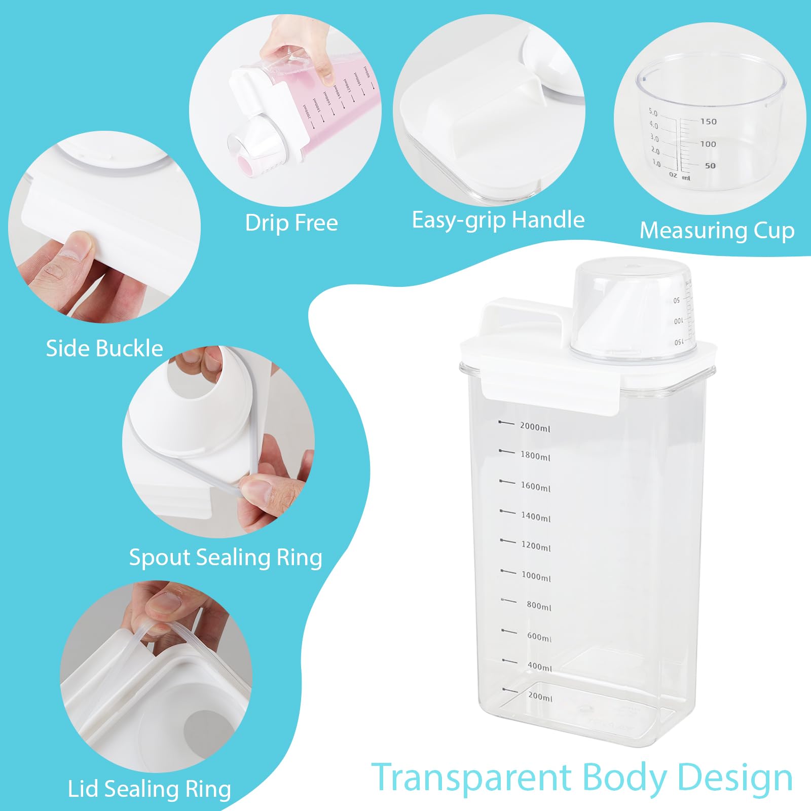 Confezione da 3 dispenser di detersivo liquido in plastica trasparente, per polvere, perline, ammorbidente e candeggina, 2211 g