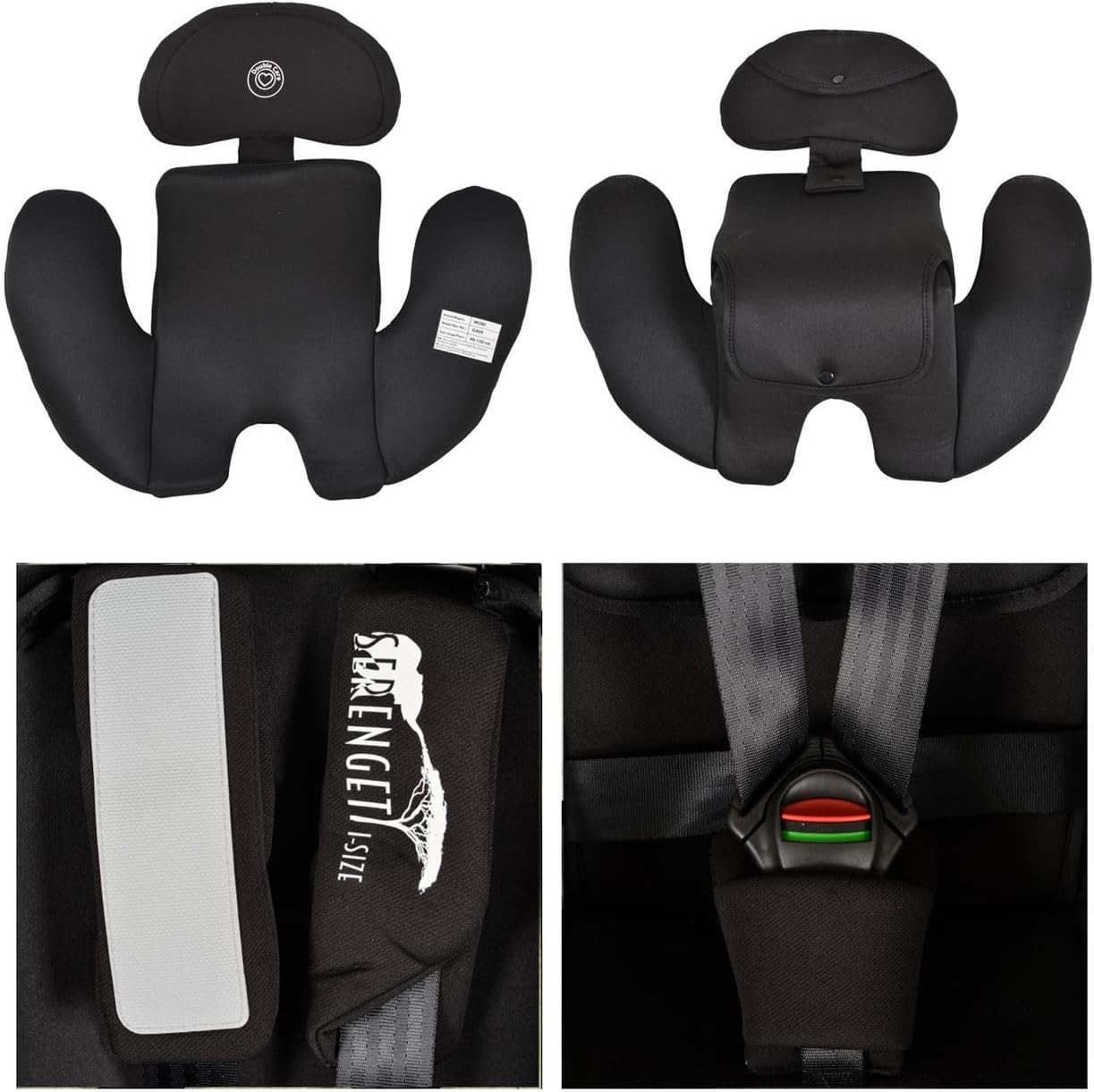 Image showing the infant body and head support inserts, and a close-up of the 5-point harness buckle.