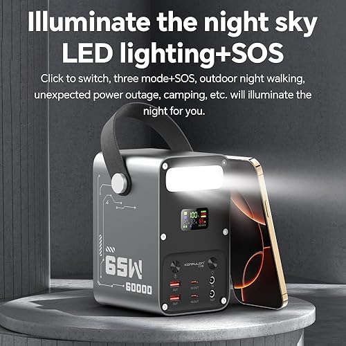 Miniatura 5 de Power Bank 60000mAh Power Station High Capacity Fast Charging PD 65W LiFePO4 Portable Outdoor Generator with DC 12V3A Output & LCD Display Battery