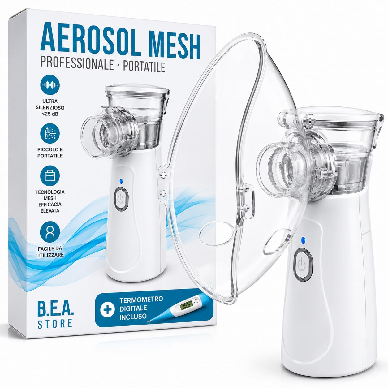 Aerosol Portatile Silenzioso Mesh Ultrasuoni per Adulti e Bambini USB-C Ricaricabile 2 Velocità con Termometro Digitale Nebulizzatore Lavaggio Nasale 2 Maschere e Boccaglio