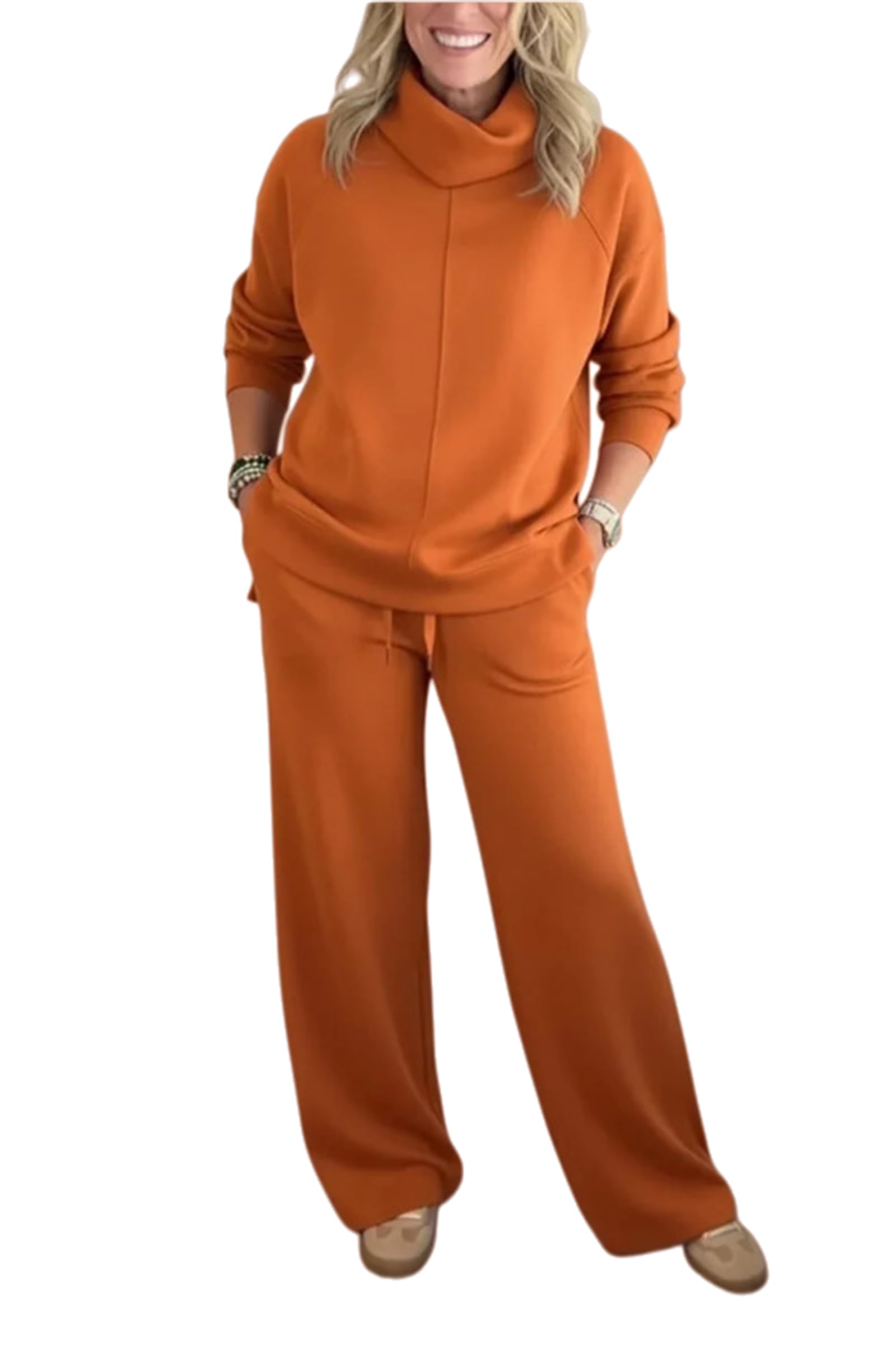 Generisch Przytulna damska bluza i spodnie, dwuczęściowy zestaw, bluza ze stójką i szerokimi nogawkami, zestaw garnituru do joggingu, zestaw wypoczynkowy (rozmiar XL, pomarańczowa)
