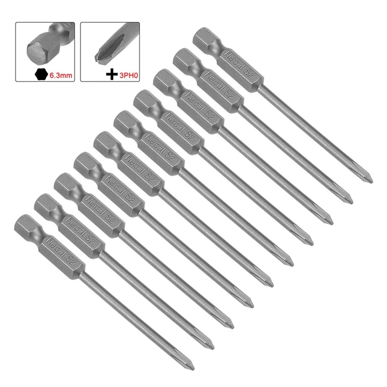 10 szt. Końcówek do wkrętaków 75mm PH0 Magnetycznych 1/4" | Konstrukcja magnetyczna, odpowiednia długość 75 mm