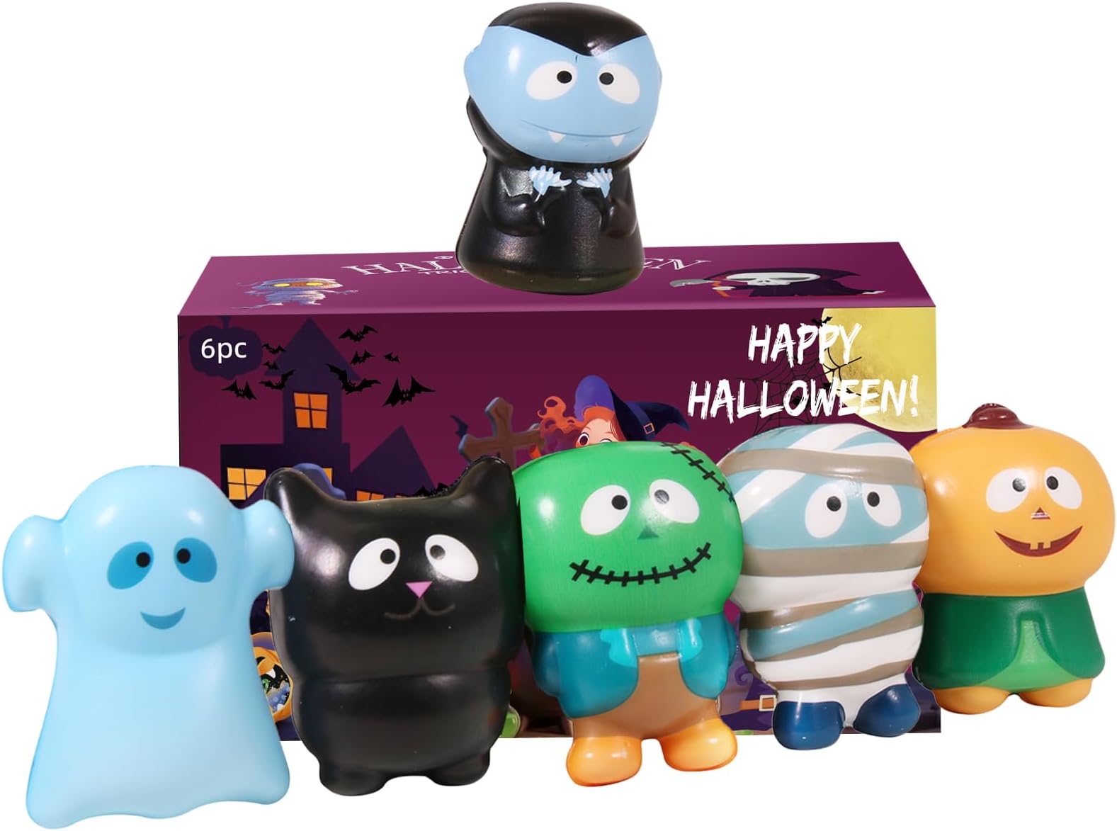 FauKait New 6 Packs-Halloween Squishies Toys Slow Rising Party Favors:Pumpkin,Zombie,Black Cat,Mummy,Vampire,Ghost Halloween Treat Bag Classroom Prizes,Stress Relief Toys for Kids Toddlers Gift