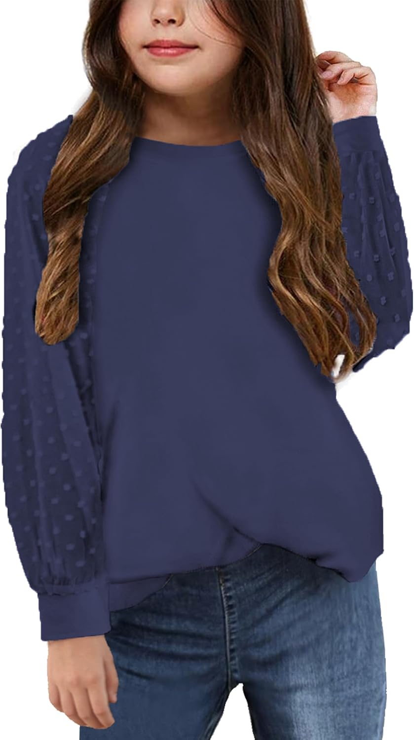 Yekaty Girls Shirts Casual Solid Color Crewneck Blouses Soft Long Sleeve Swiss Dots Chiffon Tops