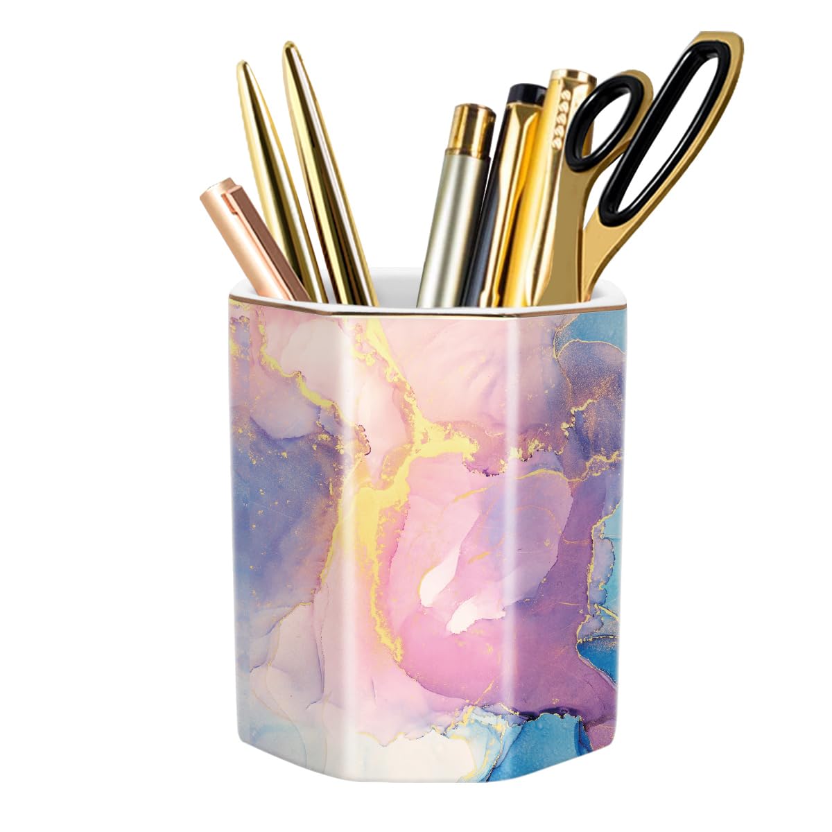 Pen Holder for Desk, Cute Ceramic Pencil Holder, Pen Cup Marker Holder Makeup Brush Holders, Desk Accessories & Workspace Organizers for Office, Home, Gold Colorful Gold 02
