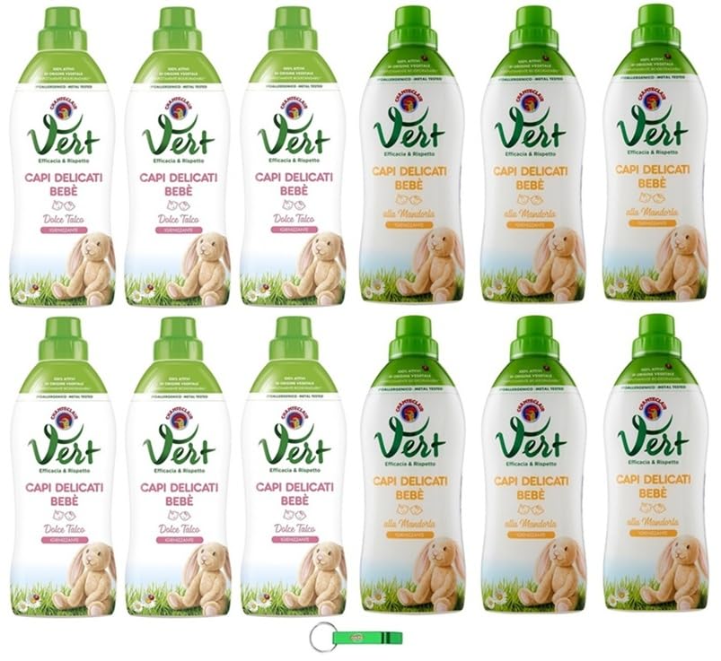 CHANTECLAIR VERT Detergente para niños paquete de prueba almendra/talco Detergente líquido Capi Delicati Bebè – Detergente higiénico para ropa delicada – 12 x 750 ml
