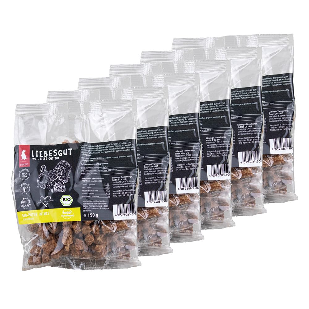 Bio-Puten Minis für Hunde – Bio Hundesnacks, Trainingsleckerlis, getreidefrei, 6x150g, Mindesthaltbarkeitsdatum: 16.07.2026
