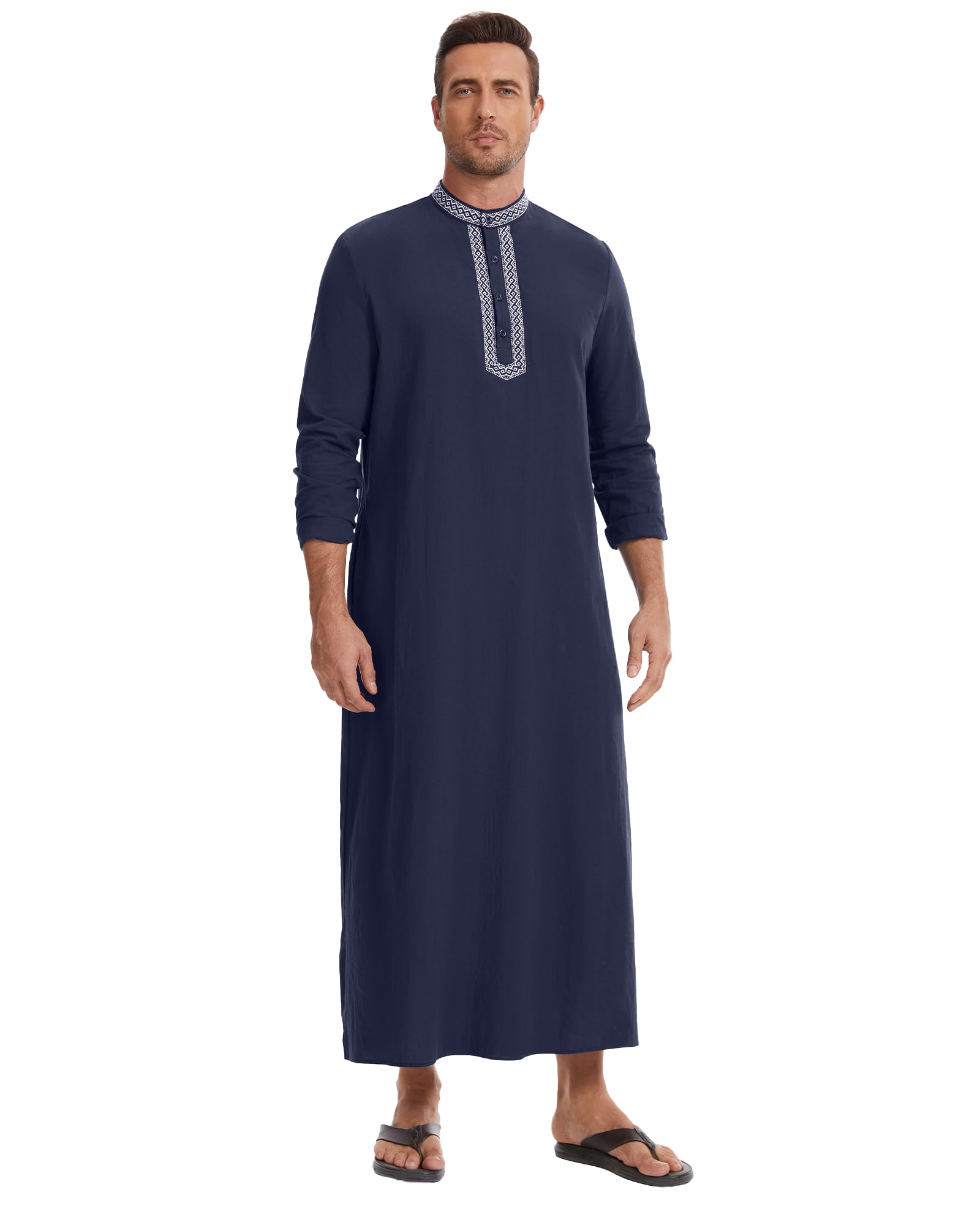 NANAMEEI Qamis Uomo Musulmano Djellaba Uomo Cotone Lino Caftano Ricamato Gandoura Abito Marocchino
