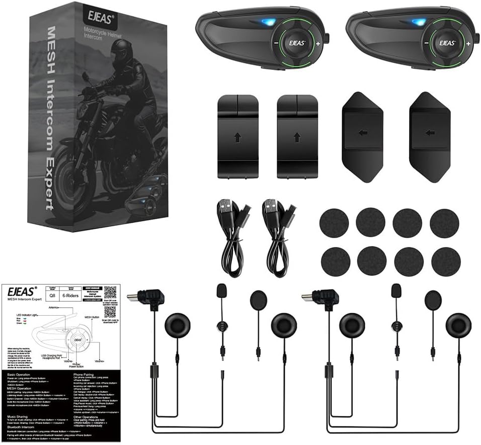 EJEAS Q8 Mesh Bluetooth Communication System Headset with 6 Riders 1000m Group, Music Sharing/CVC Noise Reduction/IP67 Waterproof for Riding/Skiing/Sport/Motorcycle Helmet Intercom(2 Pack)