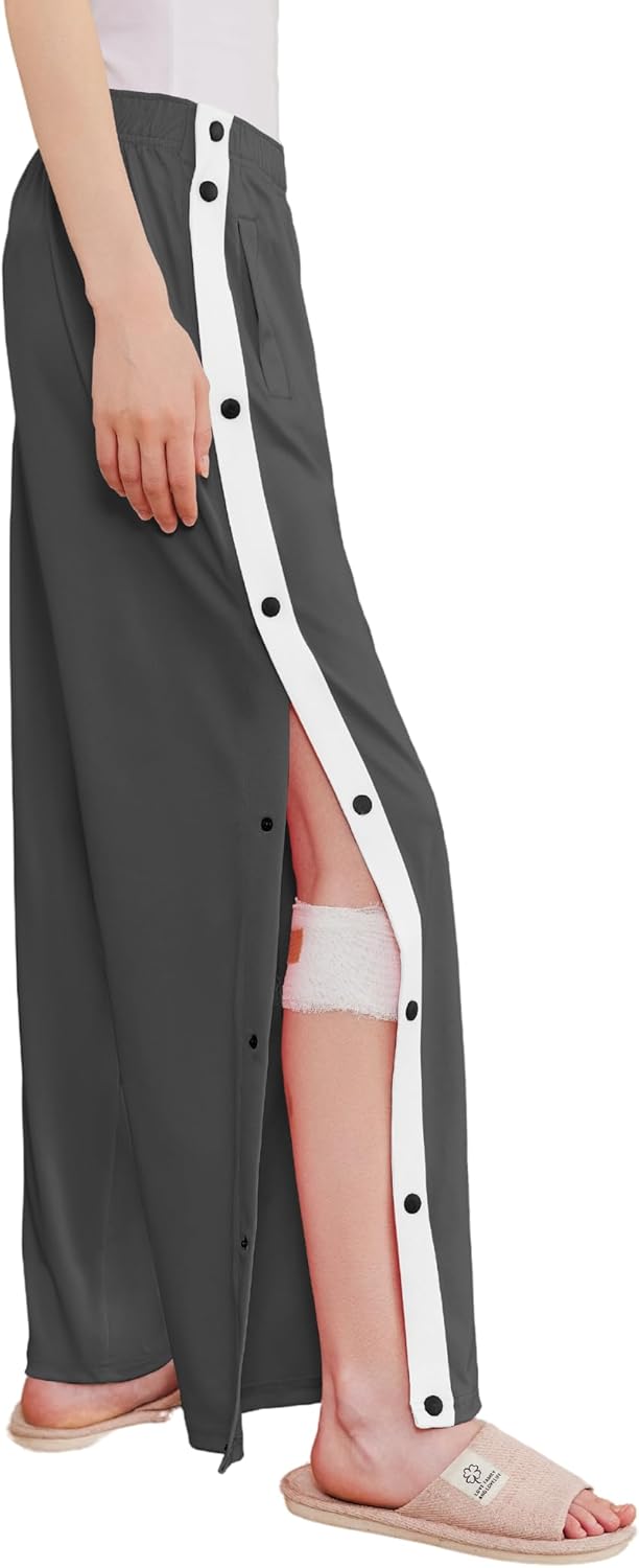 Deyeek Women's Tear Away Pants Side Split Snap Open Bottom Sweatpants Leg Breakaway Post Surgery Pants with Pockets