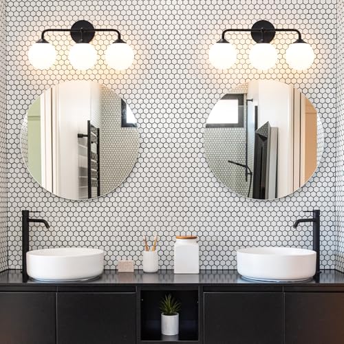 Image of Black Bathroom 3-Lights Vanity Light Fixtures, Minimalist Vanity Lights with Milky White Glass Shade, Modern Wall Sconces over Mirror, Wall Lamp for Bathroom Dressing Table Bedroom Living Room