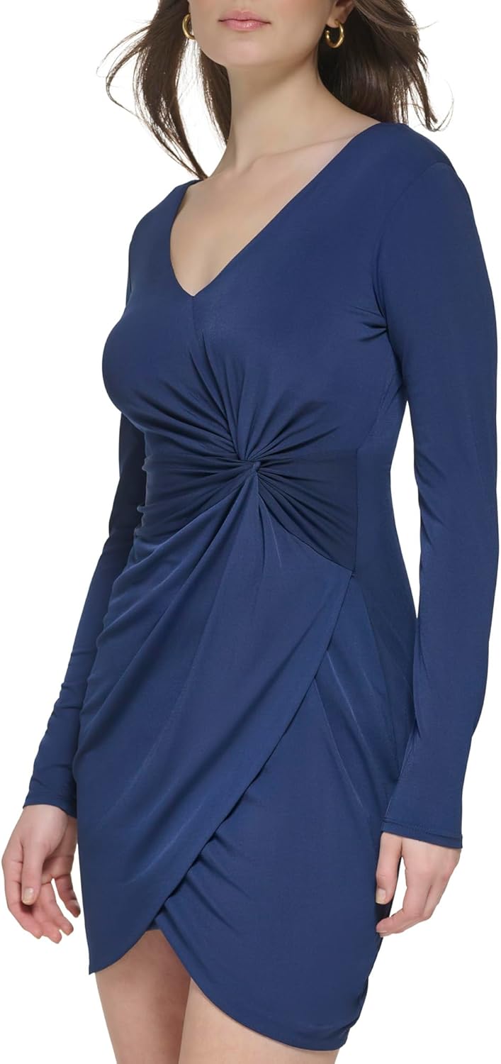 Guess Womens Knot Detail Fitted Long Sleeve V-Neck Dress - Image 2