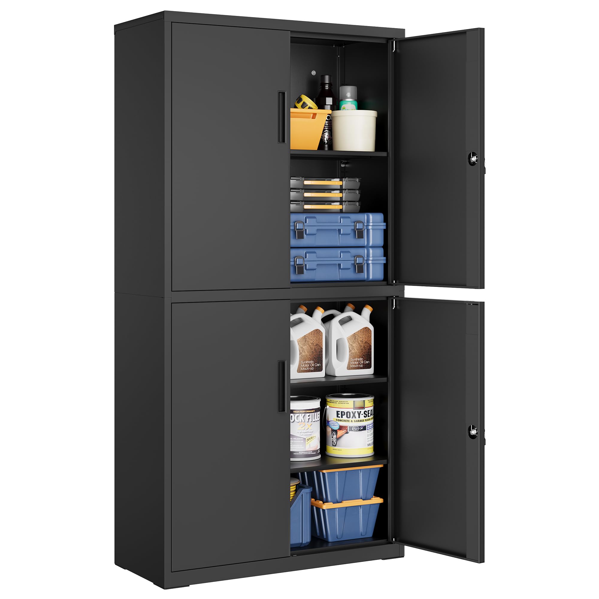 SONGMICS Aktenschrank, Mehrzweckschrank, Büroschrank, mit 4 Türen und 5 Ebenen, 40 x 80 x 180 cm, 2 Schlösser, verstellbare Ablagen, Aufbewahrungsschrank aus Stahl, Mattschwarz OMC016B01