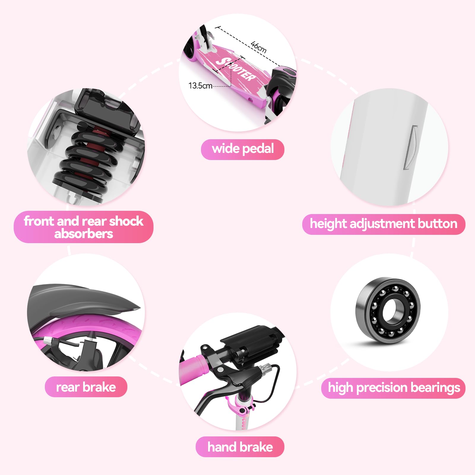 MEE GOO H007D Scooter con freno a disco, doppio ammortizzatore, ruote in PU da 200 mm, cuscinetti ABEC-7, scooter pieghevole per adulti 18+, tavola antiscivolo con rosa/bianco/blu