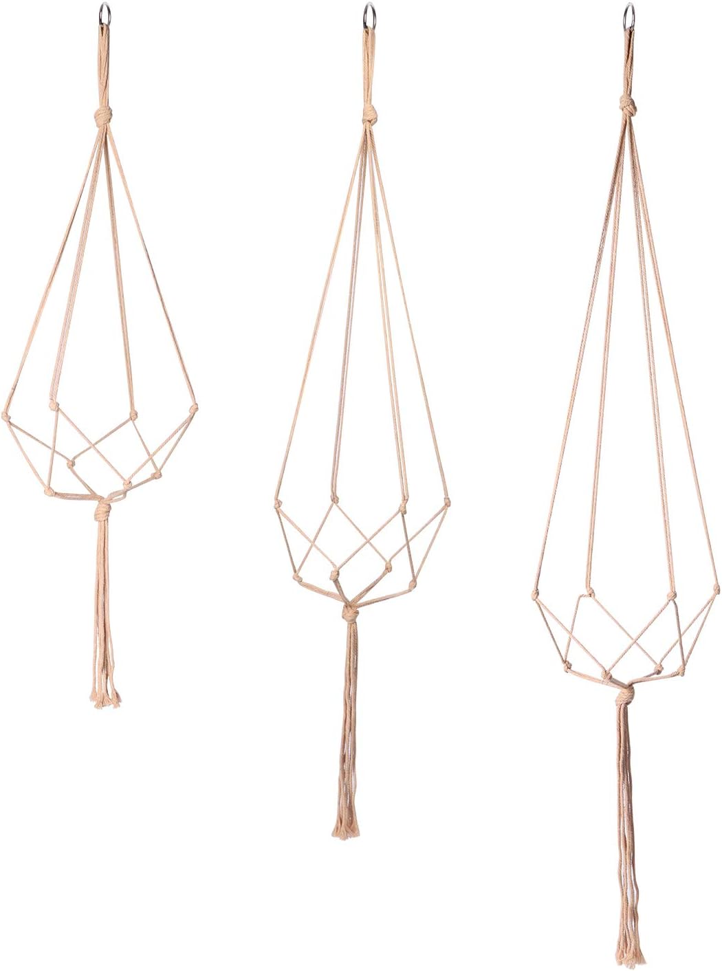 POTEY 630202 Macrame Plant Hangers - Simple Design Indoor Outdoor Plant Pot Hangers,Hanging Plant Holder Handmade Cotton Rope for Home Decor 3 Pack, 4 Legs,35''/40.5''/47'', Brown